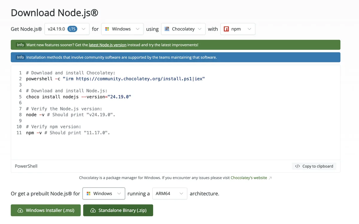 같은 Node.js 다운로드 페이지에서 위쪽 선택기를 Windows, Chocolatey, npm으로 바꾼 화면. PowerShell 코드 블록에 Chocolatey 설치 명령과 choco install nodejs 명령이 보이고, 그 아래 Windows용 prebuilt Node.js 안내와 Windows Installer (.msi), Standalone Binary (.zip) 초록 버튼, ARM64로 설정된 아키텍처 선택 칸이 있다