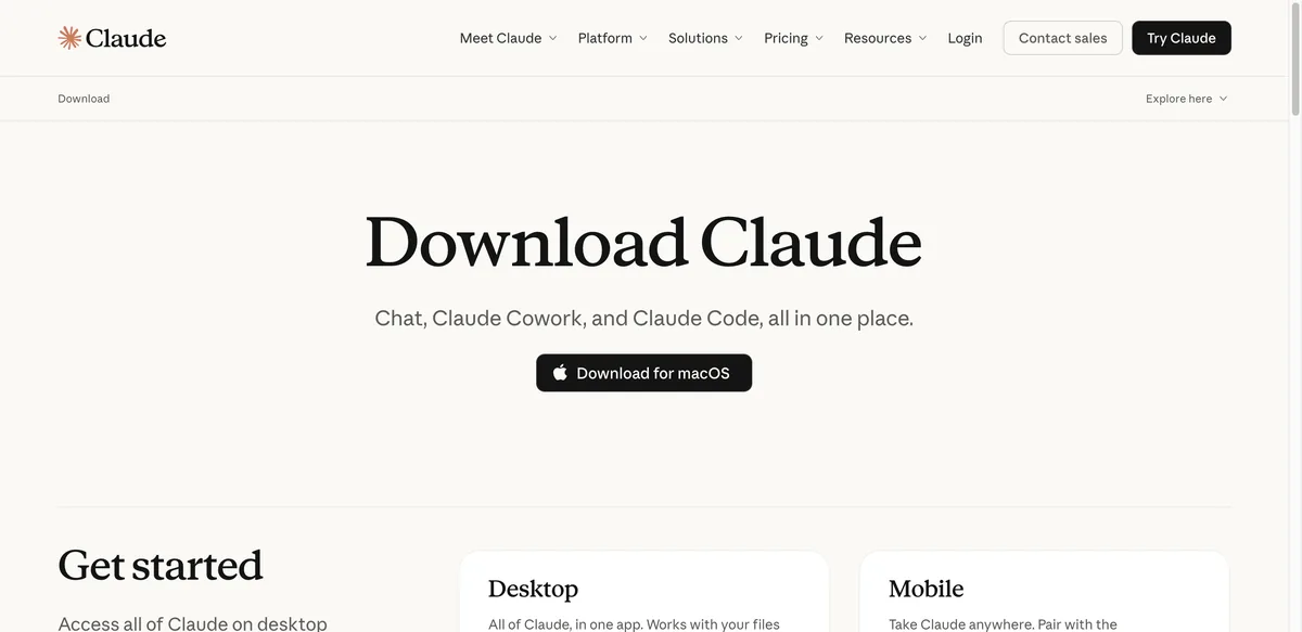 claude.com/download 다운로드 화면. Download Claude 제목과 Chat, Claude Cowork, and Claude Code, all in one place라는 부제 아래 Download for macOS 버튼이 있고, 그 아래 Get started 섹션에 Desktop과 Mobile 카드가 있다