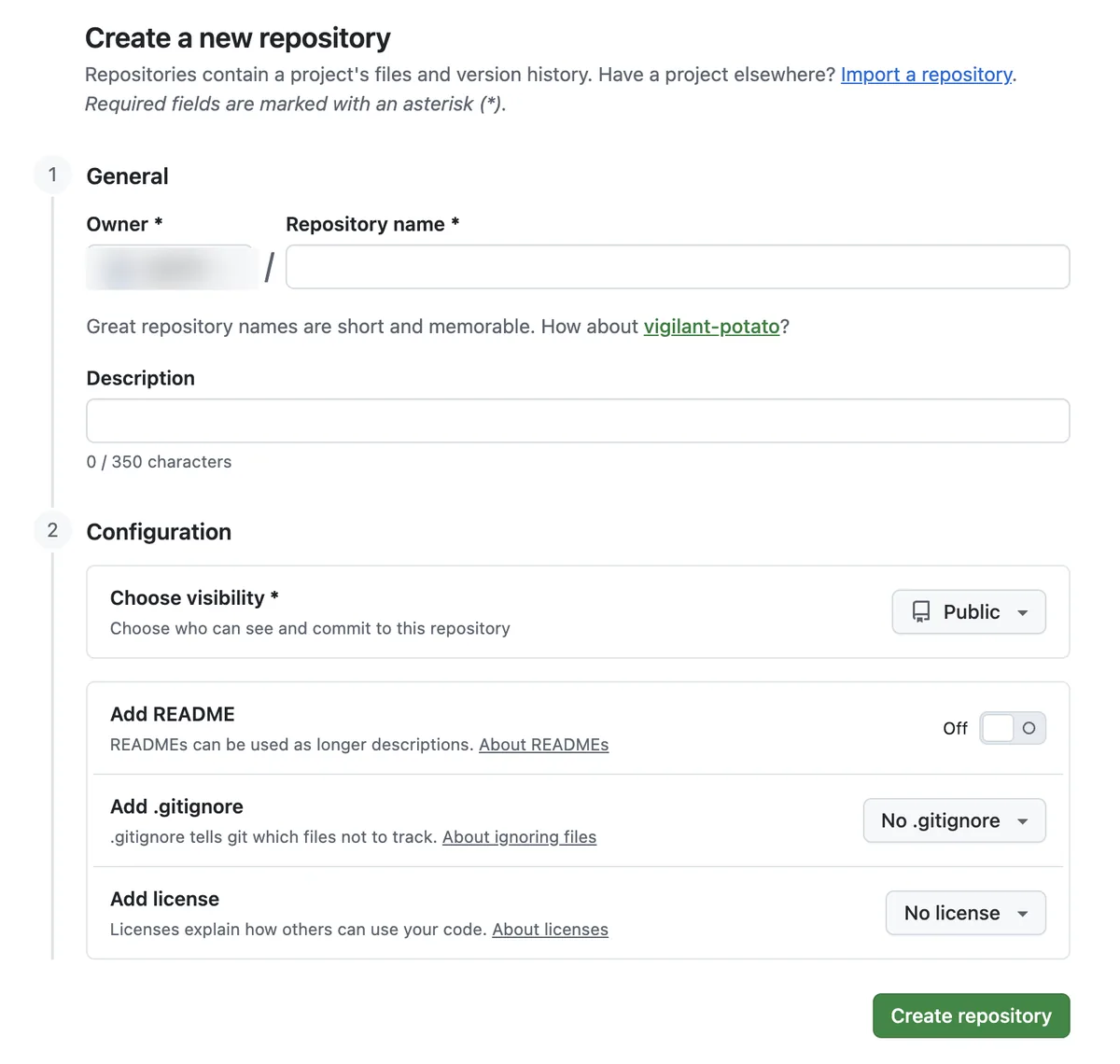 깃허브 Create a new repository 화면. Owner와 Repository name 입력칸이 있고, Configuration 영역에서 Choose visibility가 Public으로 설정돼 있으며 Add README 토글이 꺼진 상태와 초록색 Create repository 버튼이 보인다