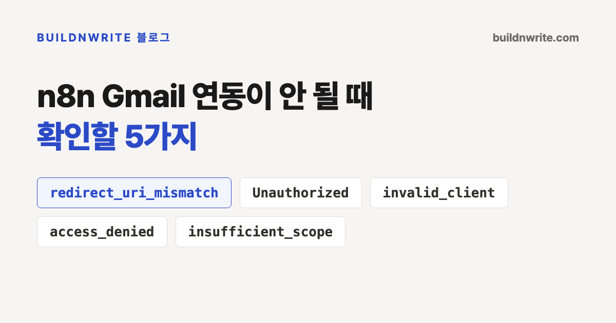 n8n Gmail 연동이 안 될 때 확인할 5가지. redirect_uri_mismatch, Unauthorized, invalid_client, access_denied, insufficient_scope 오류 목록